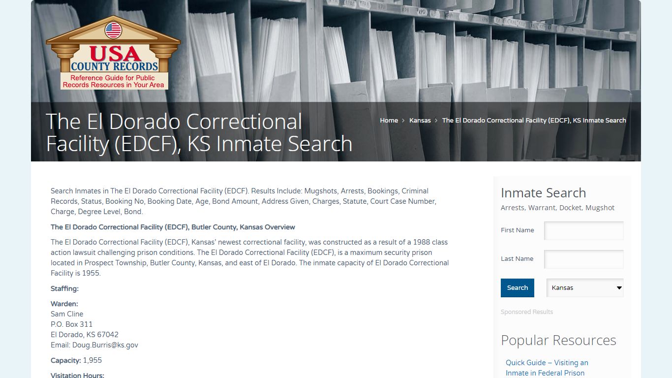 The El Dorado Correctional Facility (EDCF), KS Inmate Search